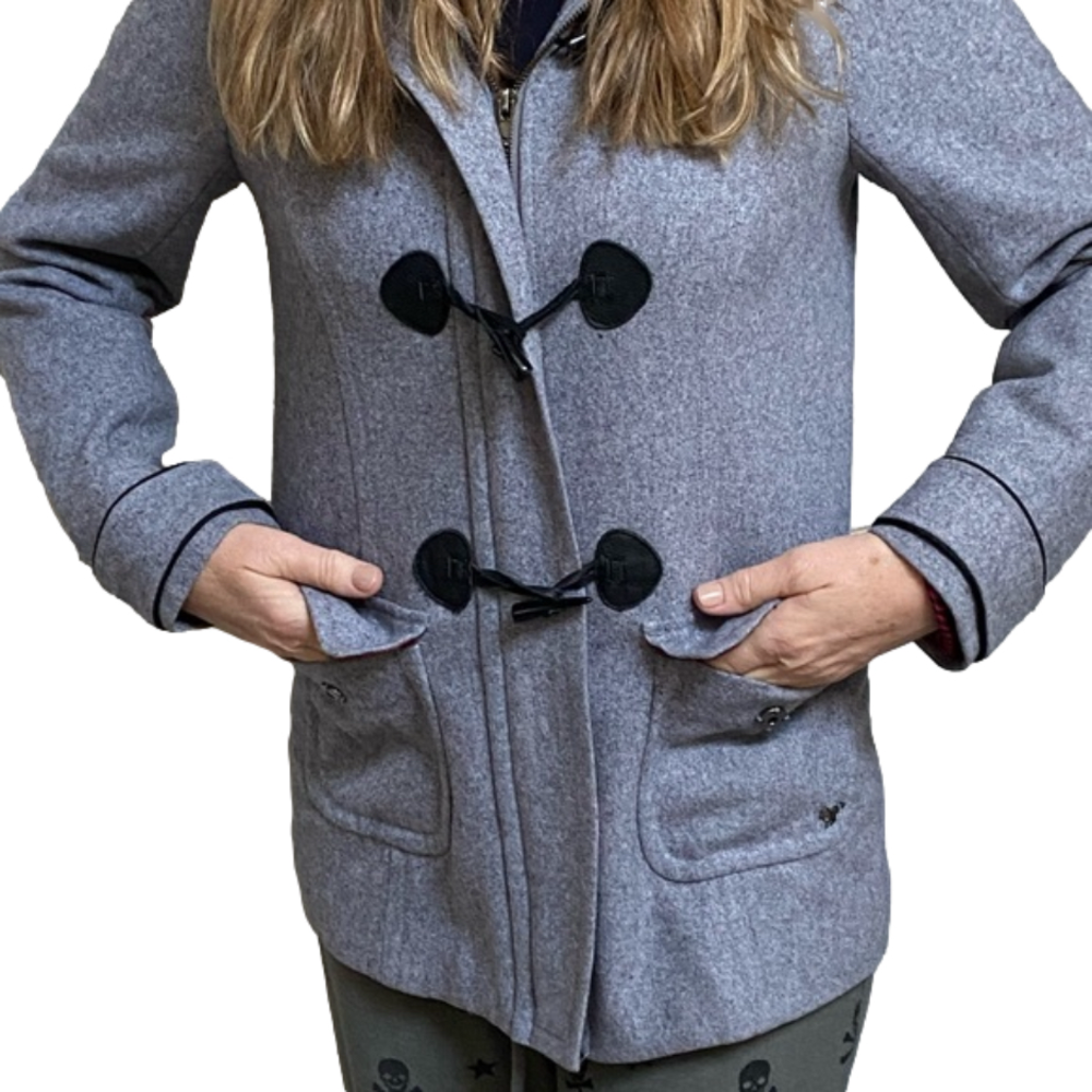 Modern amusement grey duffel coat